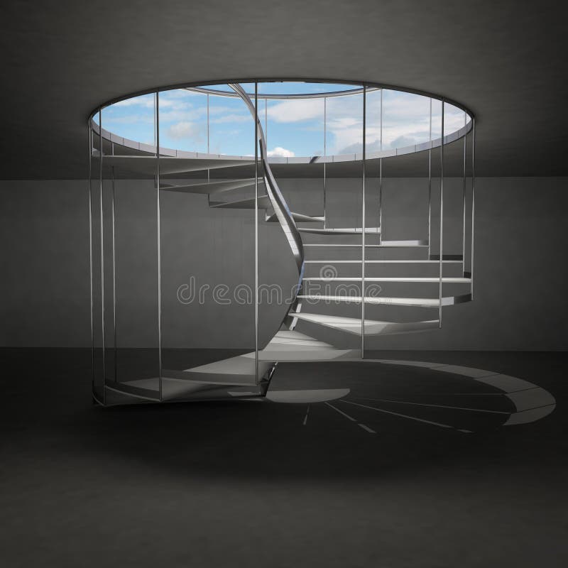 Indoor spiral staircase leading to sky above clouds