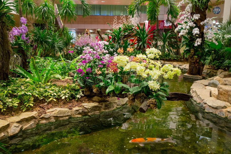 Indoor view of people walking in a small garden with plants inside of Singapore Changi Airport. Singapore Changi Airport royalty free stock photography Indoor view of people walking in a small garden with plants inside of Singapore Changi Airport. Singapore Changi Airport royalty free stock photography