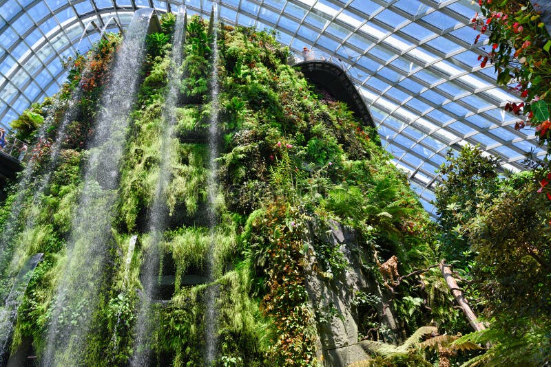 Enorme cascata in serra con bellissimo tetto in vetro costruzione a Singapore.