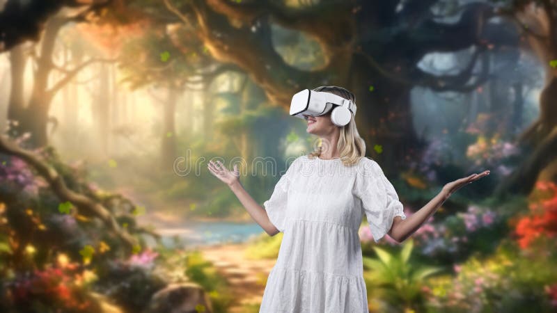 Impressive woman looking around through VR in wonderland maple leave falling in fairytale stream water getting fresh air in meta magical world fantasy in jungle mist natural creativity. Contraption. Impressive woman looking around through VR in wonderland maple leave falling in fairytale stream water getting fresh air in meta magical world fantasy in jungle mist natural creativity. Contraption.