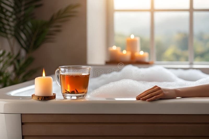 Soft sunlight filters through a window, illuminating a tranquil bubble bath setting. A woman's hand gently rests on the edge of the tub, showcasing relaxation and indulgence. A glass of herbal tea sits nearby, accompanied by a glowing candle on a wooden coaster, enhancing the serene atmosphere of this private retreat. Pampering experience stock images, royalty-free photos and pictures
