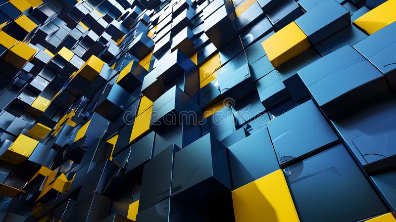 Indulge in a mesmerizing 3D animation featuring energetic abstract cubes in a palette of yellow and blue hues royalty free stock photography