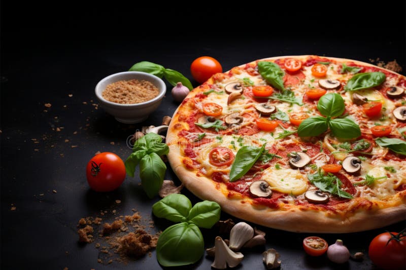 Indulge in the rich colors of a vegetarian pizza on black vector illustration