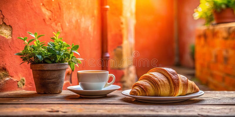 Indulge in un caffè Rustic in un caffè Rustic con croissant e Aromatic VegenKissed un delizioso trattato a base vegetale illustrazione vettoriale