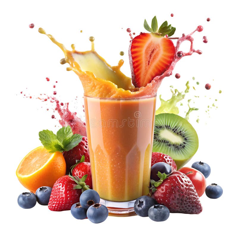 Refreshing mixed fruit smoothie with strawberry splash and assorted fresh fruits on white background stock illustration