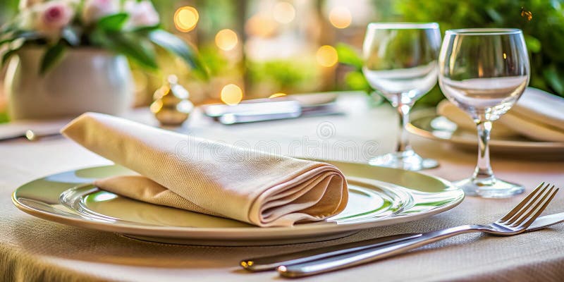 Exquisite Dining Experience A CloseUp Look at a Polished Table Setting Featuring a Fork Knife and Napkin vector illustration