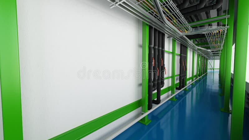 Industiral white wall and green structure long corridor in daylight royalty free illustration