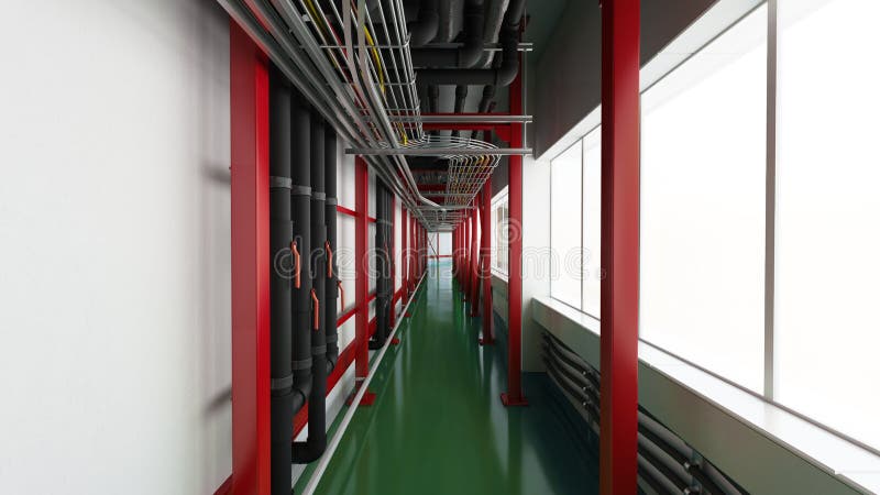 Industiral white wall and red structure long corridor in daylight stock illustration