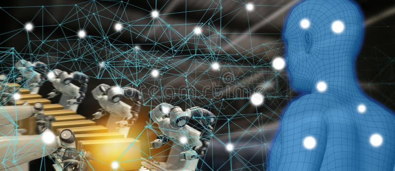 Industria 4 de la tendencia de Iot 0 conceptos, ingeniero industrial usando la inteligencia artificial ai aumentada, realidad vir imagen de archivo