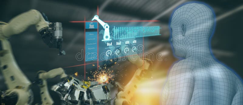 Industria 4 di Iot 0 concetti, ingegnere industriale che usando intelligenza artificiale ai aumentata, realtà virtuale a controll immagini stock libere da diritti Industria 4 di Iot 0 concetti, ingegnere industriale che usando intelligenza artificiale ai aumentata, realtà virtuale a controll immagini stock libere da diritti