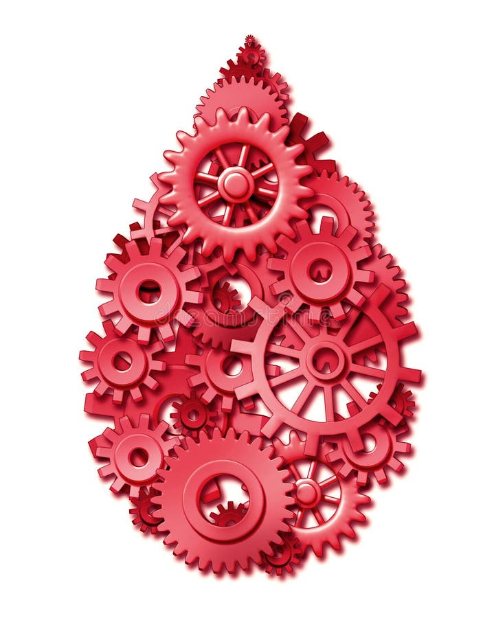 Red blood drop shape with gears and cogs symbol representing the medical and health care industries. Red blood drop shape with gears and cogs symbol representing the medical and health care industries.