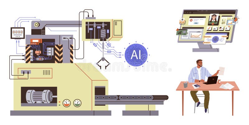 Advanced AI-Driven Manufacturing Machine with Operator Monitoring Data on Computer Screen royalty free illustration