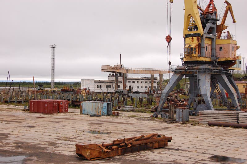 Industrial area at Kolyma river port Russia outback