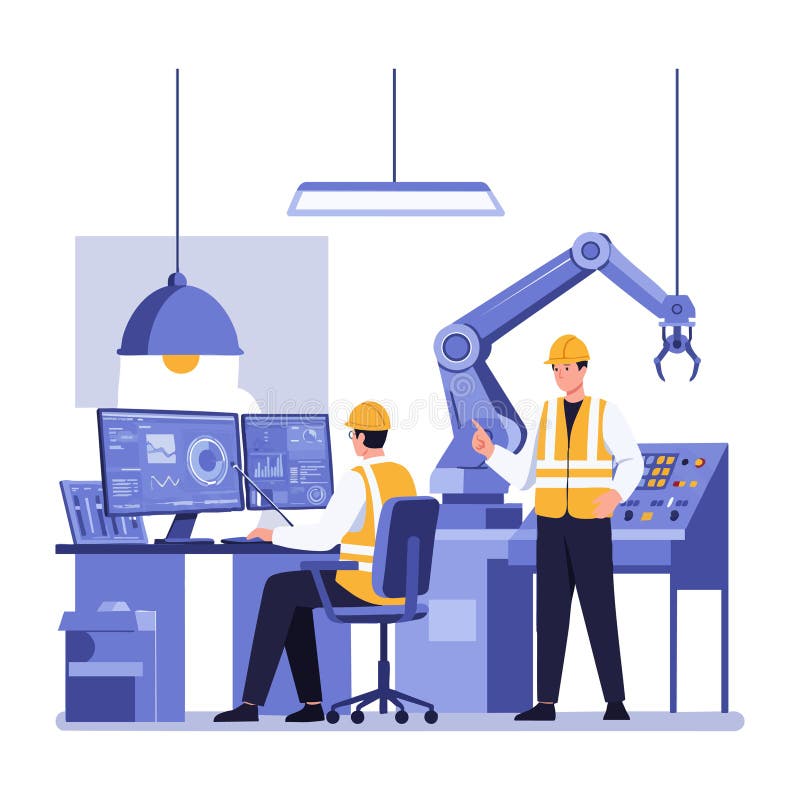 Industrial automation engineers working with robotic arm and computer control system in factory setting. Two industrial automation engineers operate a robotic arm and computer control system in a factory environment with focused expressions. Professional mood. Generative AI