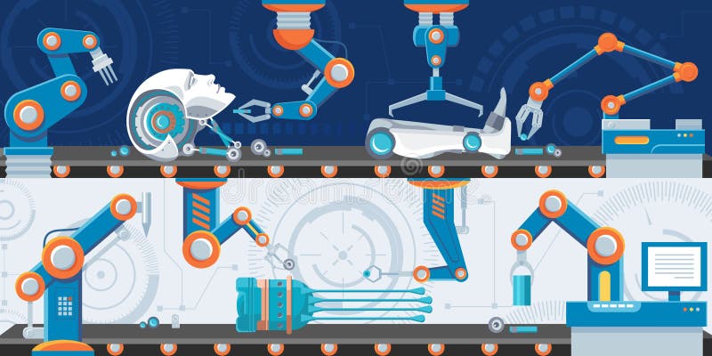 Priemyselná automatizácia horizontálne bannery s robotizovaných výrobných liniek a mechanických zbraní, montáž výrobkov, vektorové ilustrácie.