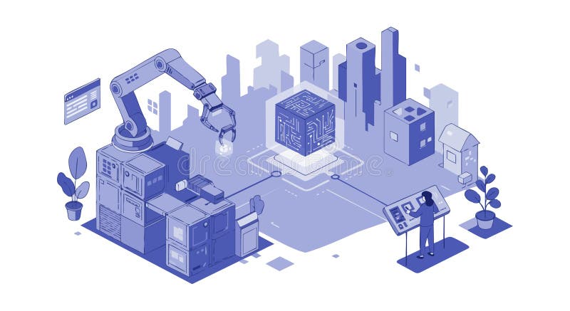 Industrial automation with robotic arm and computer control in modern factory setting royalty free illustration