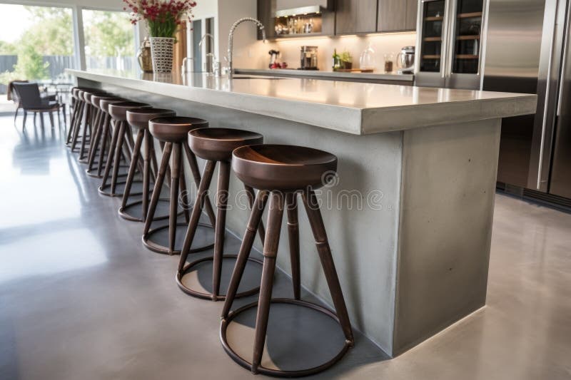 Industrial Bar Stools Around a Polished Concrete Kitchen Island Stock