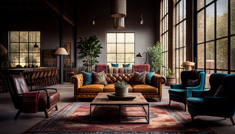 https://thumbs.dreamstime.com/b/industrial-chic-interior-design-vintage-moroccan-rugs-leather-couches-wood-tables-generative-ai-268927988.jpg