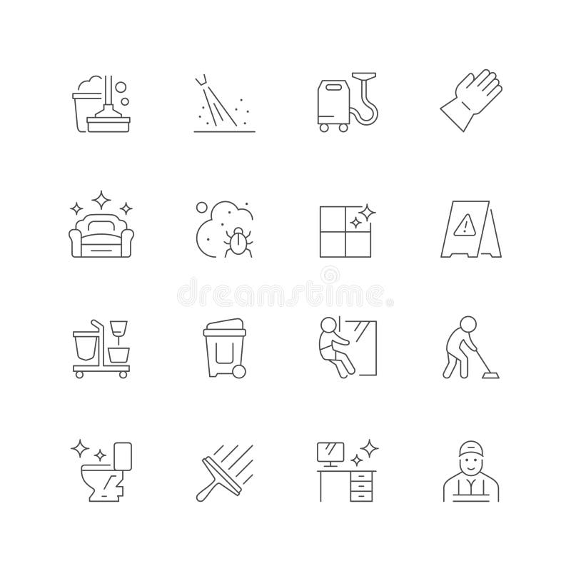 Industrial cleaning line outline icon isolated on white. Vacuum cleaner, protective glove, disinfection, garbage bin, worker, clean floor. Vector illustration