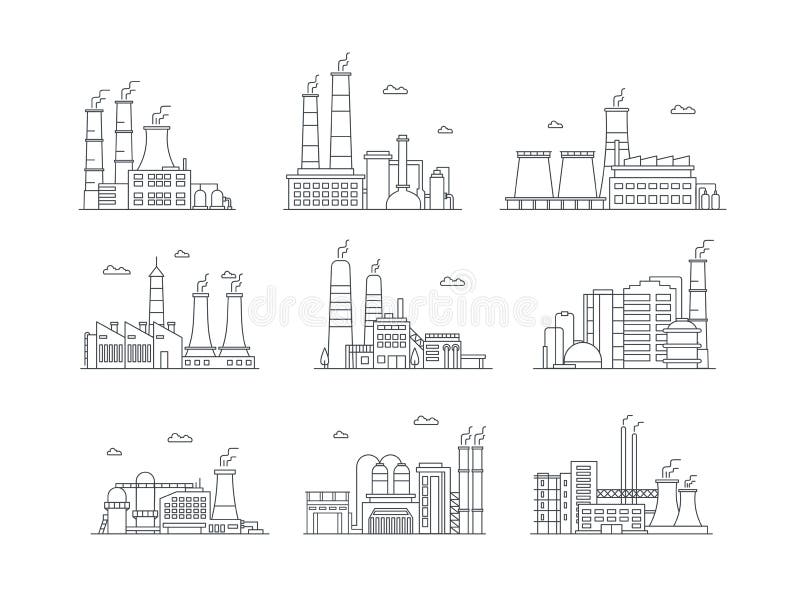 Industrial complex color icons set. Manufacturing plants isolated vector illustrations. Factory buildings and mass stock illustration Industrial complex color icons set. Manufacturing plants isolated vector illustrations. Factory buildings and mass stock illustration
