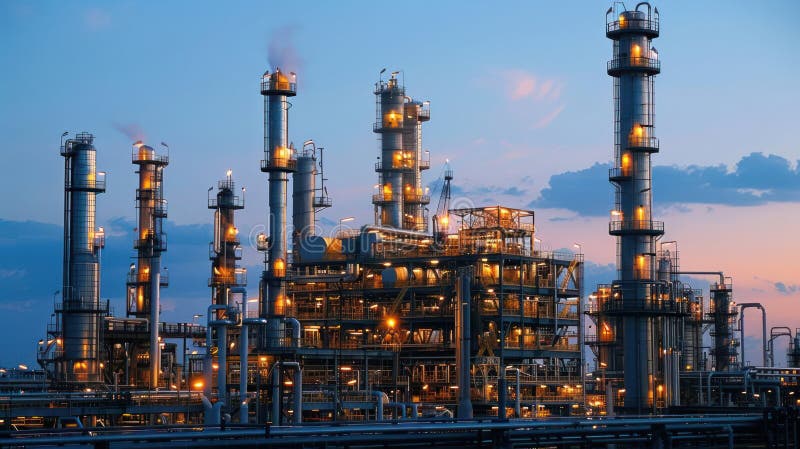 Petroleum Refinery Plant at Twilight: Industrial Complex with Glowing Lights royalty free illustration