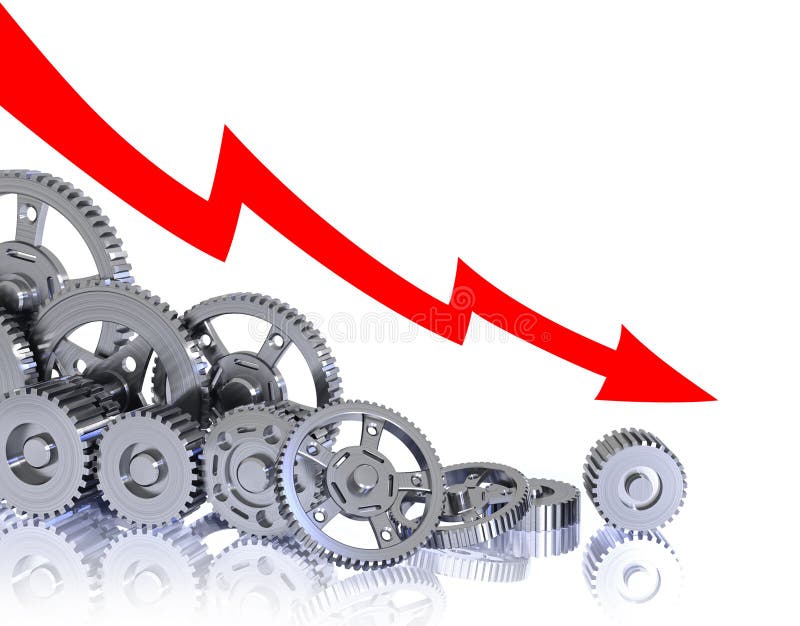 3D rendered illustration of gear mechanism that falls apart, symbolizing industrial productivity decrease/stagnation. Decreasing illustrations