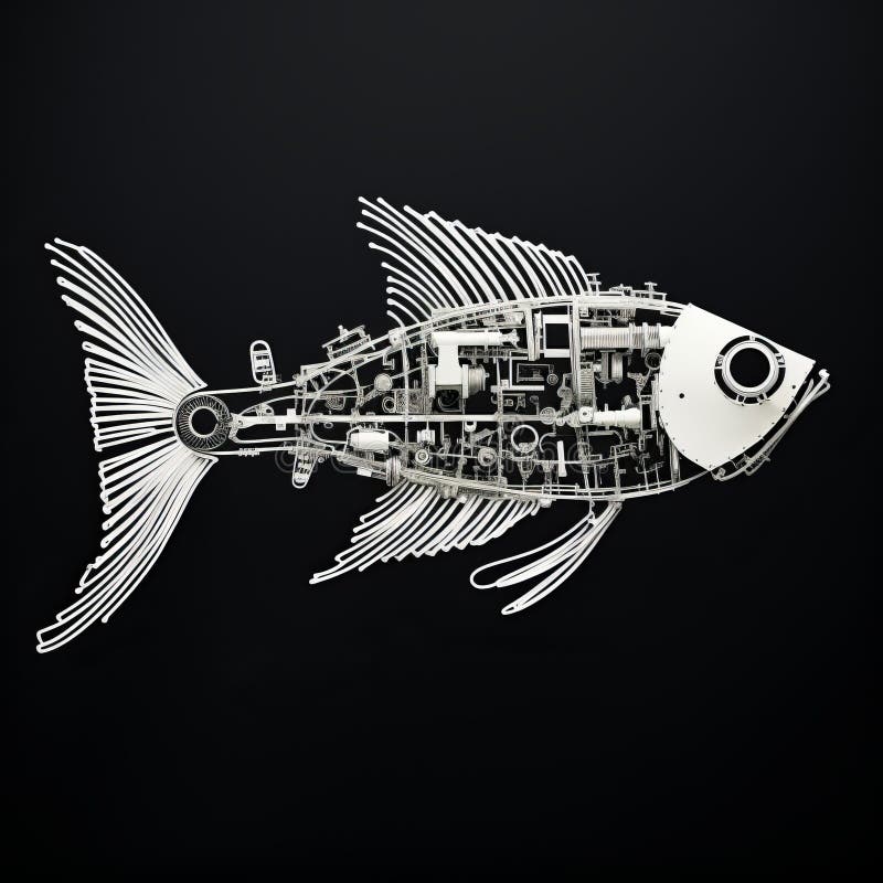 A futuristic mechanical fish, resembling intricate black and white illustrations, showcases precise 8k 3d details. with bold outlines and flat colors, this gothic steampunk-inspired creation is made entirely from recycled materials. captured from an aerial view, this photo highlights the unique beauty of this trash-made mechanical animal. Multilayered compositions stock images, royalty-free photos and pictures
