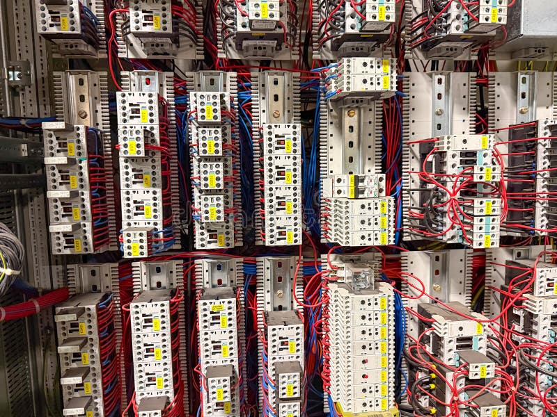 Industrial electrical control cabinet with siemens components contactors relays and structured wiring system inside a стоковые изображения rf