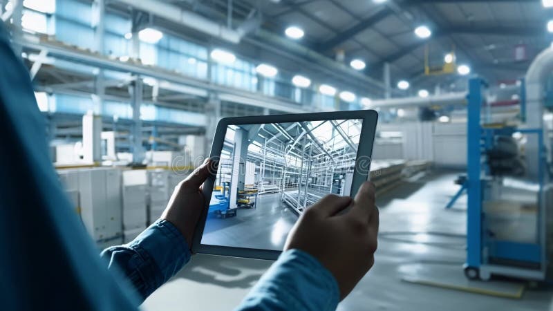 Industrial engineer using digital tablet with augmented reality software visualizing warehouse design royalty free illustration