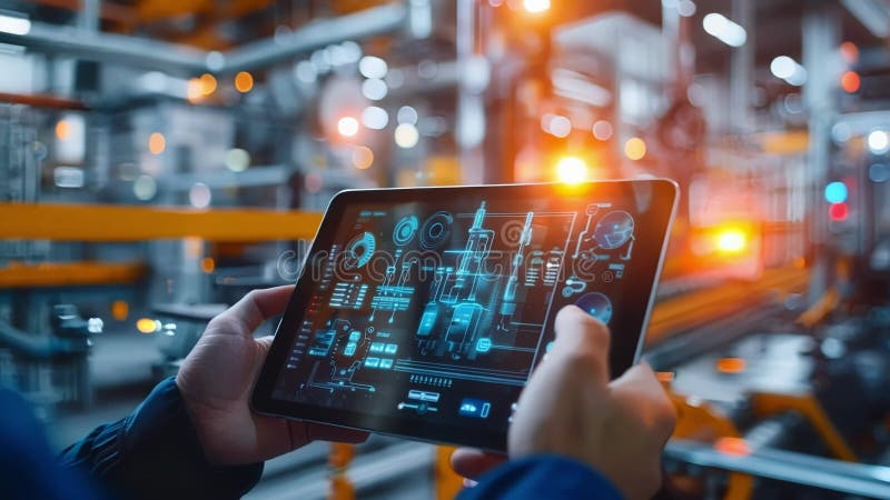 Industrial engineer using tablet with software for production monitoring vector illustration