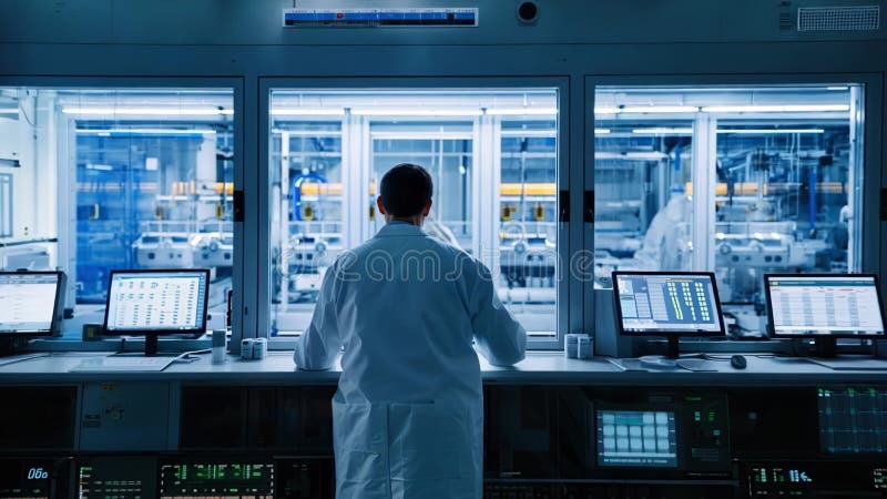 Industrial engineer monitoring production line vector illustration