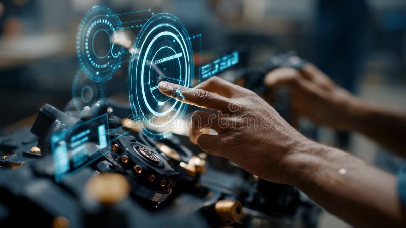 Industrial engineer using futuristic touchscreen interface and managing blockchain transactions stock illustration