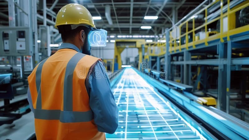 Industrial engineer wearing augmented reality headset monitoring production line in a modern factory stock illustration