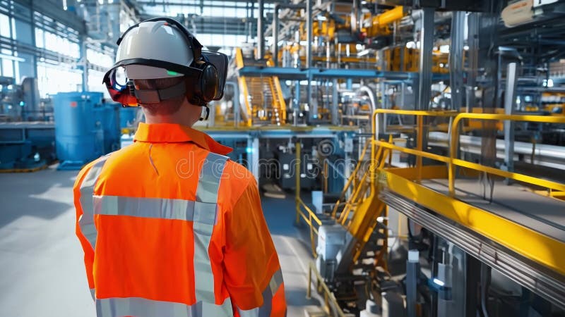 Industrial engineer wearing vr goggles working in factory using innovative technology stock illustration
