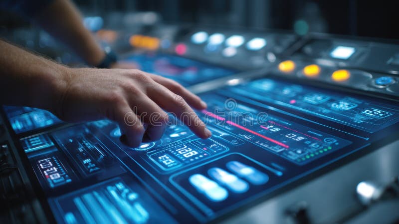 Industrial engineer working on control panel with futuristic digital interface stock photos