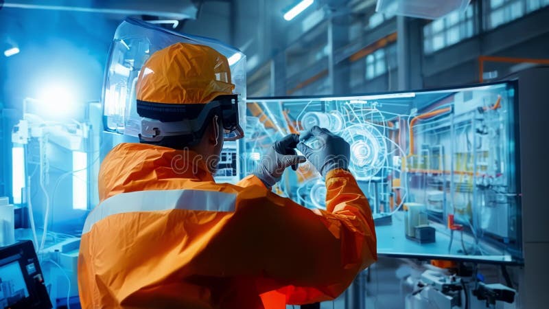 Industrial engineer working with a digital twin using augmented reality goggles and touch sensitive gloves in a modern stock illustration