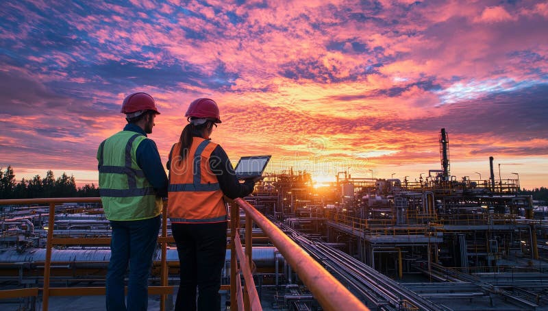 Industrial engineers with tablets in hand discuss their expertise in developing digital strategies for industrial firms royalty free stock photos