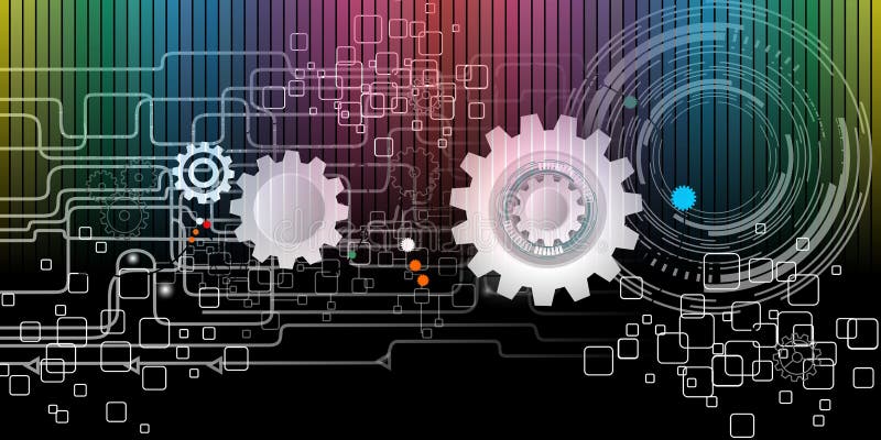 Industrial Cogs Gears circuit Banner Background with colorful rainbow lighting effect. Digital technology, futuristic circuit, blue circle lightning electricity abstract background vector illustration. Industrial Cogs Gears circuit Banner Background with colorful rainbow lighting effect. Digital technology, futuristic circuit, blue circle lightning electricity abstract background vector illustration.