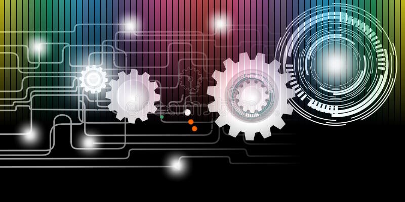 Industrial Cogs Gears circuit Banner Background with colorful rainbow lighting effect. Digital technology, futuristic circuit, blue circle lightning electricity abstract background vector illustration. Industrial Cogs Gears circuit Banner Background with colorful rainbow lighting effect. Digital technology, futuristic circuit, blue circle lightning electricity abstract background vector illustration.