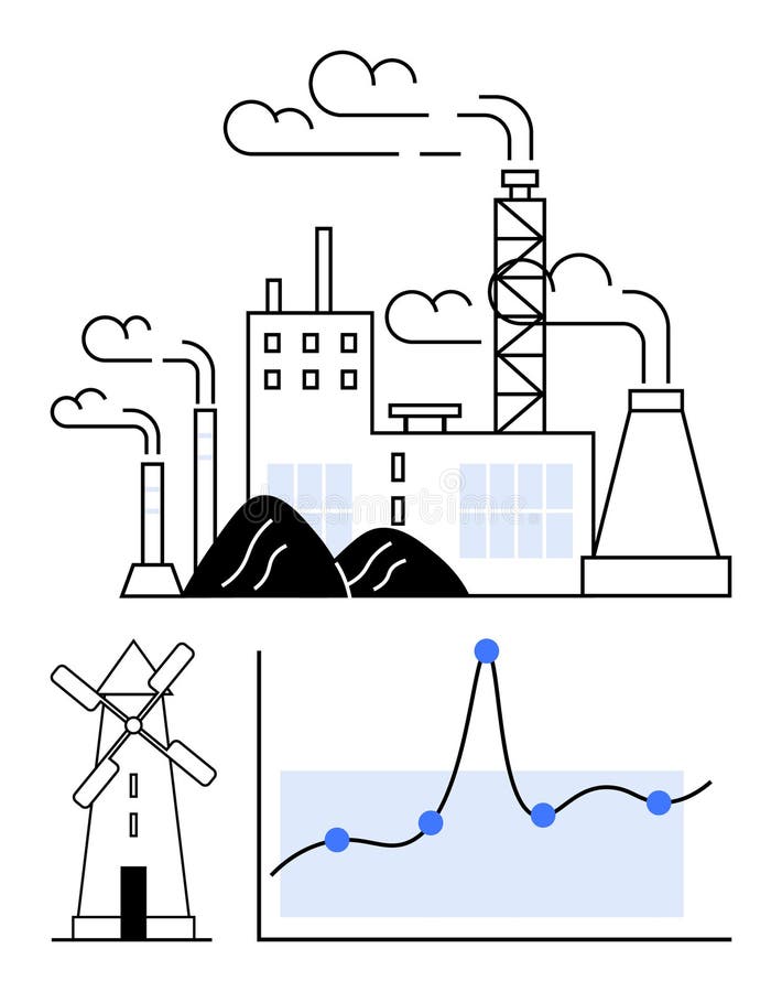 Industrial Evolution From Traditional Windmills to Modern Factories and Data Analytics vector illustration