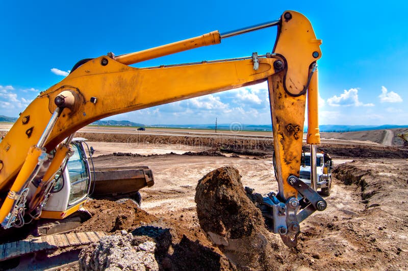 Industrial Excavator Bulldozer Digging In Sandpit Stock Photo - Image ...