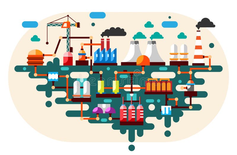 Industrial Factory Technology Process with Ecology Concept. Flat Illustration. Stock Vector