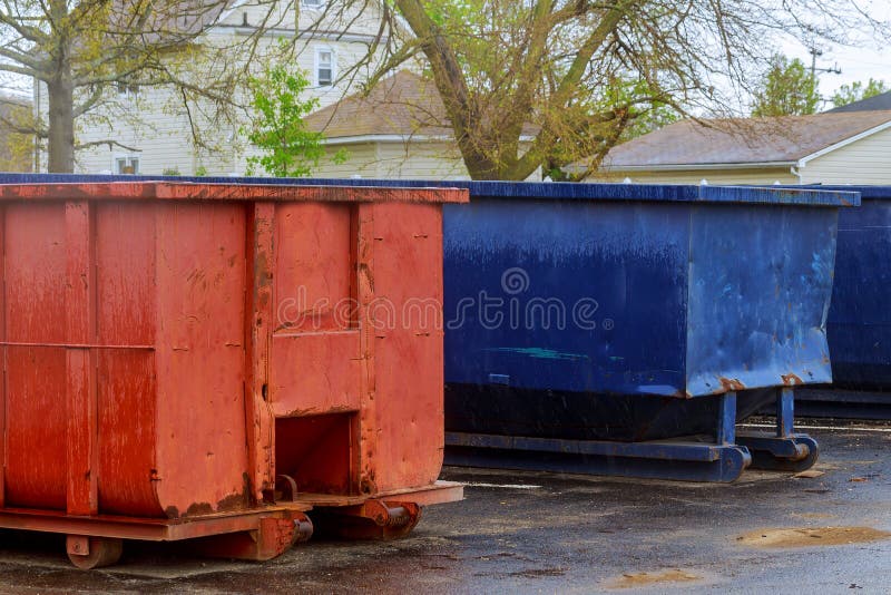 Industrial garbage container on construction site stock photography