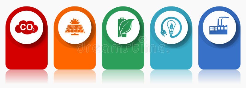 Industrial icon set, miscellaneous vector icons such as carbon dioxide, solar power, renewable energy and factory, modern design