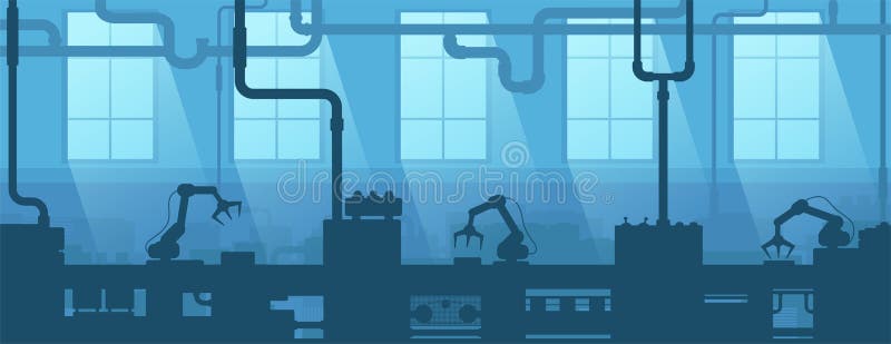 Industrial interior of factory, plant. Silhouette industry enterprise. Manufacturing 4.0