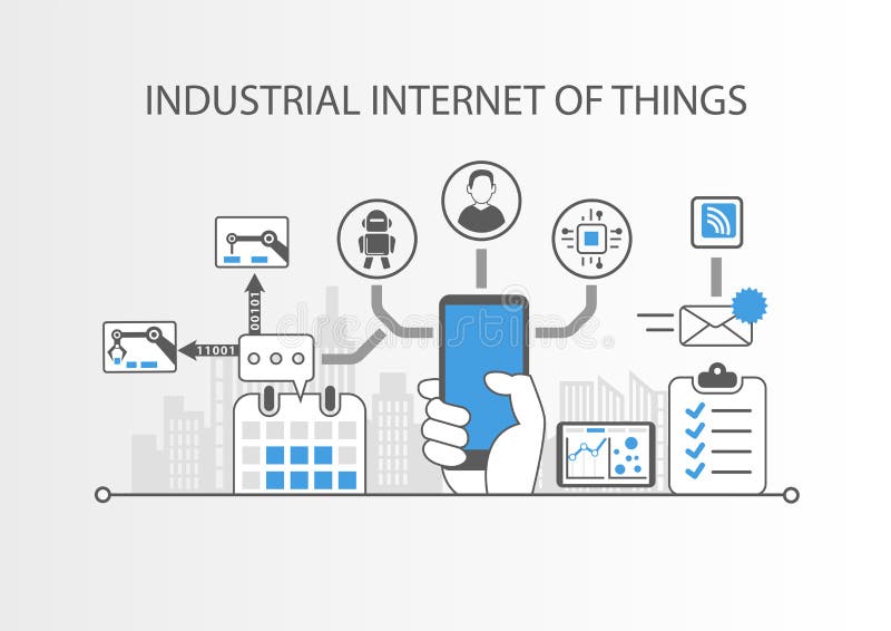 Industrial internet of things or industry 4.0 concept with simple icons on grey background