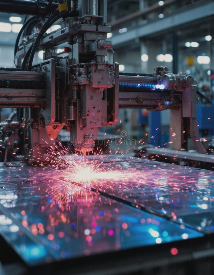 Industrial laser cutting machine creating sparks in a manufacturing facility stock photography