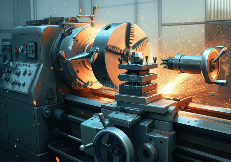 Industrial lathe machine in action, producing sparks during metalworking stock photos