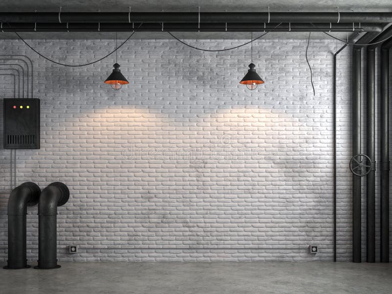 Industrial loft style empty room with white brick wall 3d render