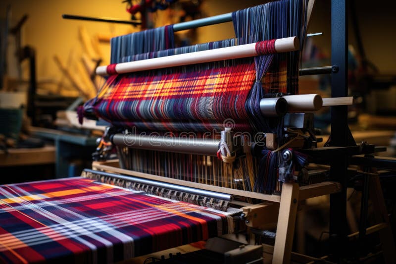 Industrial loom weaving a patterned fabric royalty free stock photo